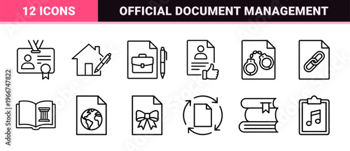 Legal Document and Regulatory Compliance Icons featuring Minimalist Monoline Geometric Line Art for Law Certification and Contracts.