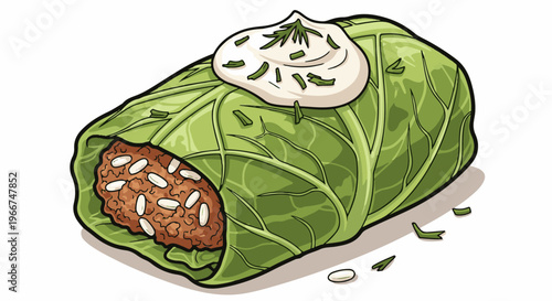 Hearty cabbage roll topped with creamy sauce and fresh herbs