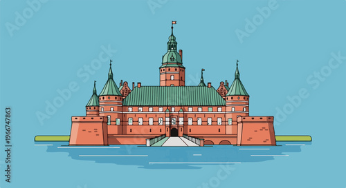 Historic red brick castle with green roofs, set against a clear blue sky