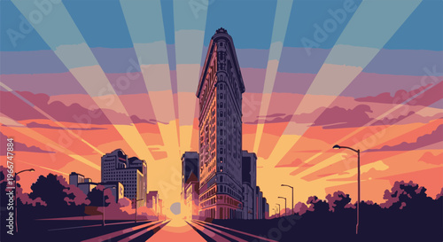 A pixelated cityscape with a prominent triangular building at sunset
