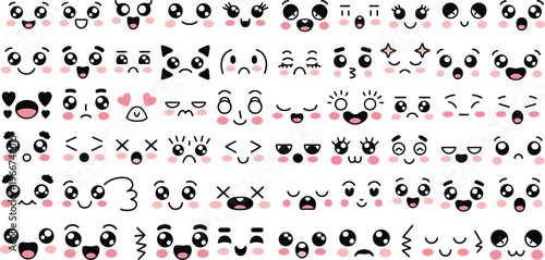 Cute kawaii emoji faces mega collection with various expressions blush cheeks hearts cartoon vector illustration for kids stickers social media icons print ready