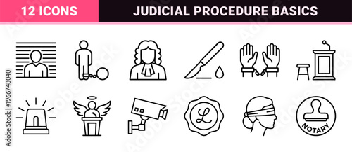 Legal and Judicial System Line Art Featuring Minimalist Monoline Geometric Outline Symbols for Courtroom and Law Enforcement Concepts.