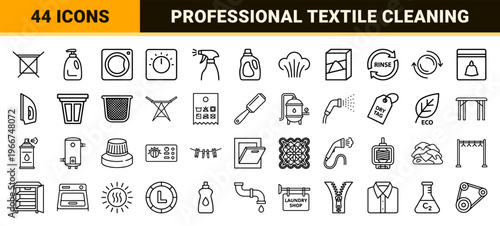 Commercial Laundry and Textile Care Icon Set featuring Minimalist Monoline Geometric Line Art for Professional Garment Maintenance Services.