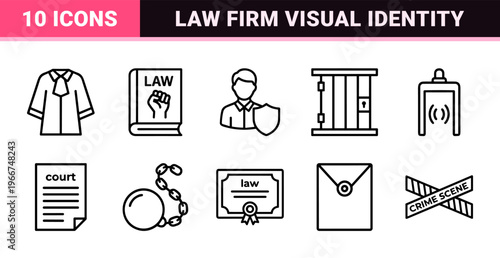 Law and Justice Monoline Outline Icons featuring Courthouse, Gavel, and Legal Documents in Minimalist Geometric Design.