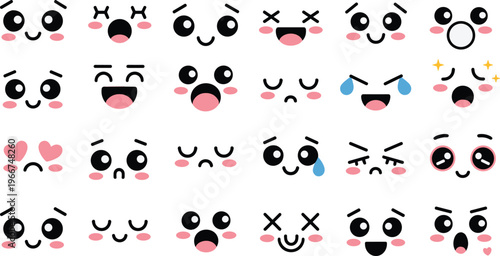 Cute kawaii emoji faces collection with various emotions blush cheeks tears hearts cartoon vector illustration for stickers kids design social media icons print ready