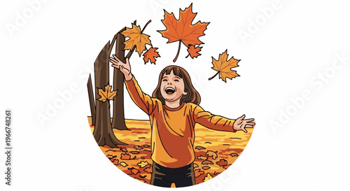 Joyful child playing in fallen autumn leaves amidst trees