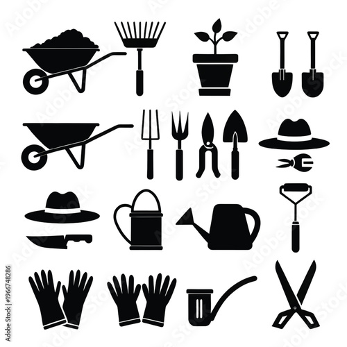 Collection of various gardening and yard care tools set against plain background