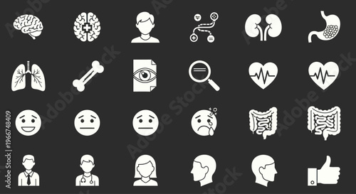 Medical Health Icons Set: Brain, Heart, Lungs, Stomach, Kidneys, Digestion, Emotions