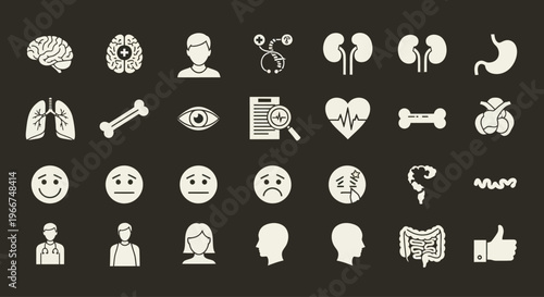 Medical Health Icons Set: Brain, Kidney, Lungs, Heart, Stomach, Doctor, Patient