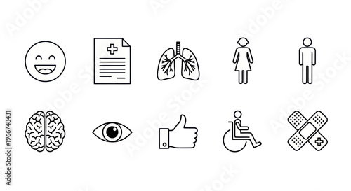 Medical Health Icons Set: Brain, Lungs, Eye, Smiley, Bandage, Wheelchair