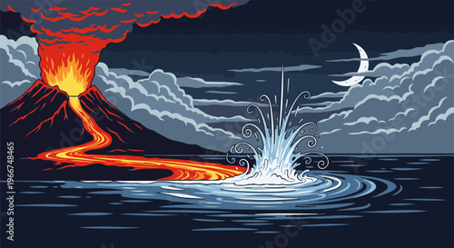 Fiery volcano erupts into dark ocean under crescent moon and stormy skies