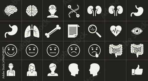 Medical Health Icons Set: Brain, Lungs, Stomach, Kidneys, Heart, Eyes, Emotions, People