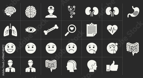Medical Health Icons Set: Brain, Lungs, Kidneys, Heart, Stomach, Eyes, Bone, Doctor