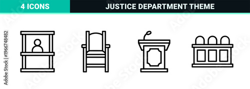 Minimalist Monoline Legal and Justice Icon Set Featuring Geometric Line Art Symbols for Law Firms, Courtrooms, and Advocacy Services.
