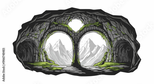 A stone cave entrance with moss leads to snow-capped mountains