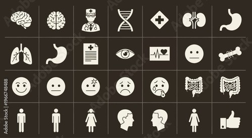 Medical Health Icons Set: Brain, Lungs, Heart, DNA, Doctor, Kidneys, Stomach, Bones