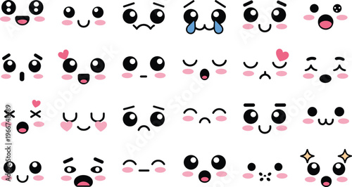 Cute kawaii emoji faces set with mixed emotions blush cheeks hearts tears cartoon vector illustration for kids stickers social media icons print ready design
