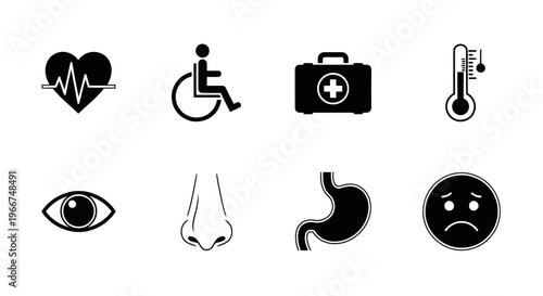 Medical Health Icons Set: Heartbeat, Wheelchair, First Aid, Thermometer, Eye, Nose, Stomach, Sad Face