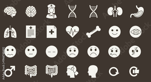 Medical Health Icons Set: Brain, Lungs, Heart, DNA, Kidneys, Stomach, Bones, Face Expressions
