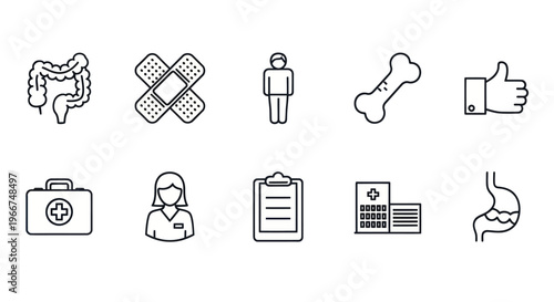 Medical Health Icons Set: Digestion, Bandage, Doctor, Bone, Thumb Up, First Aid, Nurse, Clipboard, Hospital, Stomach
