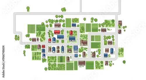 Aerial view farm map vector with barns and silos, rural countryside landscape with green fields and trees, agricultural village layout for game design and infographics