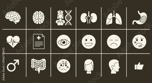 Medical Icons: Brain, DNA, Organs, Emotions, Health Symbols on Dark Background