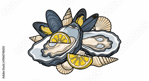 Fresh oysters and mussels served with lemon slices and shells