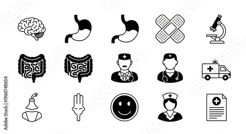 Medical Icons: Brain, Stomach, Intestines, Doctors, Ambulance, Microscope, Bandage