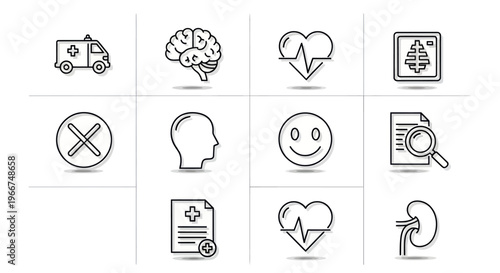 Medical Icons Collection: Health, Brain, Heart, Ambulance, X-ray, Kidney