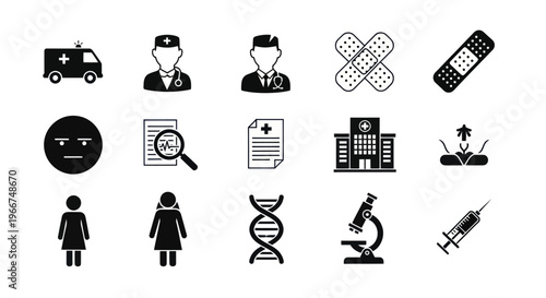 Medical Icons Collection: Ambulance, Doctor, Hospital, DNA, Syringe, Bandage