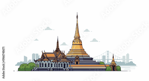 Golden pagodas and traditional architecture with bridge and cityscape