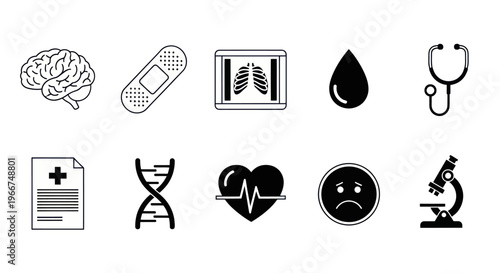 Medical Icons Set: Brain, Bandage, X-ray, Blood Drop, Stethoscope, DNA, Heartbeat, Sad Face, Microscope