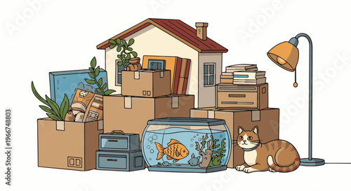 House, boxes, lamp, fishbowl, cat, and plants create a moving scene