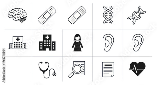 Medical Icons Set: Brain, Bandages, DNA, Hospital, Doctor, Ear, Stethoscope, Health
