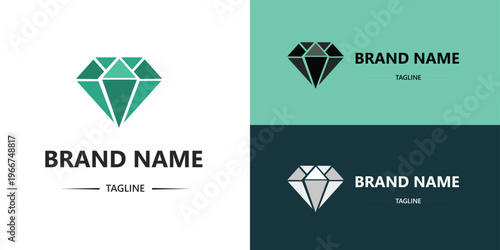 Three diamond jewel logo variations with Brand Name and Tagline placeholder text in green black and white color schemes, vector illustration concept for luxury branding, jewelry logos and premium webs