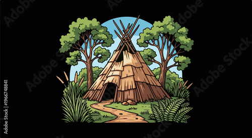 A woodland scene featuring a traditional dwelling surrounded by trees