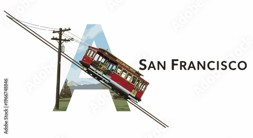 Iconic cable car ascends a steep hill with a large letter A