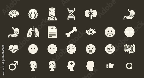 Medical Icons Set: Brain, DNA, Kidneys, Lungs, Heart, Stomach, Eye, Emotions, Health