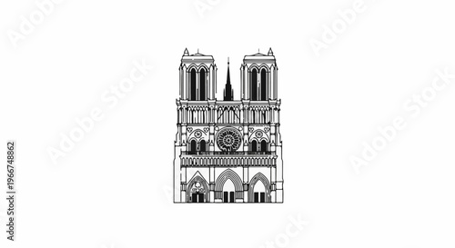 Iconic Gothic cathedral facade illustration with twin towers and rose window