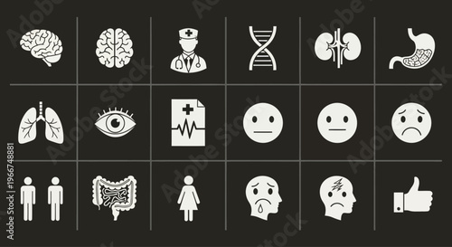 Medical Icons Set: Brain, DNA, Kidneys, Lungs, Stomach, Eye, Heartbeat, Emotions