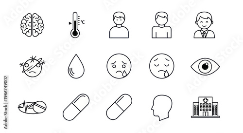 Medical Icons Set: Brain, Fever, People, Symptoms, Illness, Hospital, Medicine