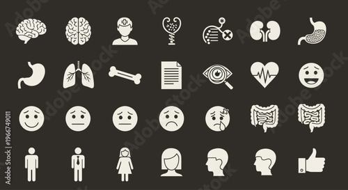 Medical Icons Set: Brain, Heart, Lungs, Stomach, Kidneys, Human Figures & Emotions