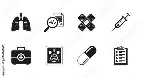 Medical Icons: Lungs, Syringe, X-ray, Pill, First Aid, Clipboard, Magnifying Glass