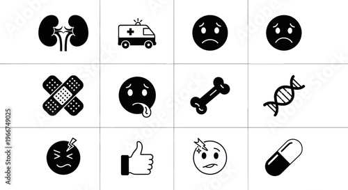 Medical Icons: Kidneys, Ambulance, Emotions, Bandage, Bone, DNA, Pill