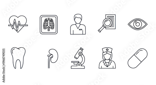 Medical Icons: Heartbeat, X-ray, Doctor, Research, Eye, Tooth, Kidney, Microscope, Nurse, Pill