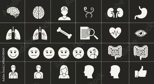 Medical Icons Set: Brain, Lungs, Heart, Doctor, Kidney, Stomach, Bone, Eye, Emotions, Gut