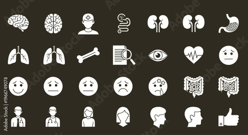 Medical Icons Set: Brain, Lungs, Kidneys, Stomach, Heart, Eyes, Doctors, Sickness