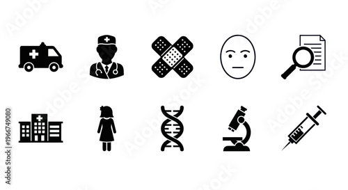 Medical Icons Set: Ambulance, Doctor, Bandage, Face, Magnifying Glass, Hospital, DNA, Microscope, Syringe