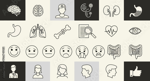 Medical Icons Set: Brain, Lungs, Stomach, Kidneys, Heart, Emotions & People