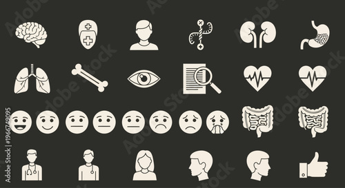 Medical Icons Set: Brain, Lungs, Kidneys, Stomach, Heart, Eye, DNA
